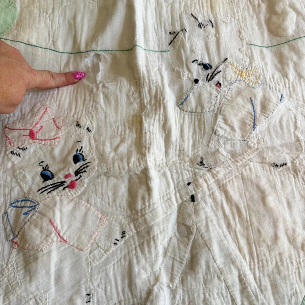 Vintage Hand Embroidered Baby Quilt White Cotton Kittens Birds Floral 54x36